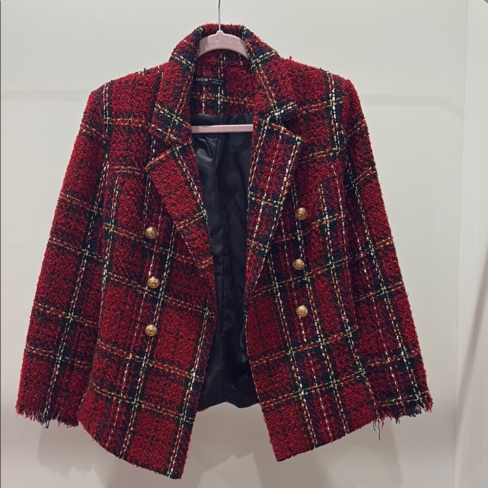 SHEIN Red Plaid Blazer with Gold Buttons